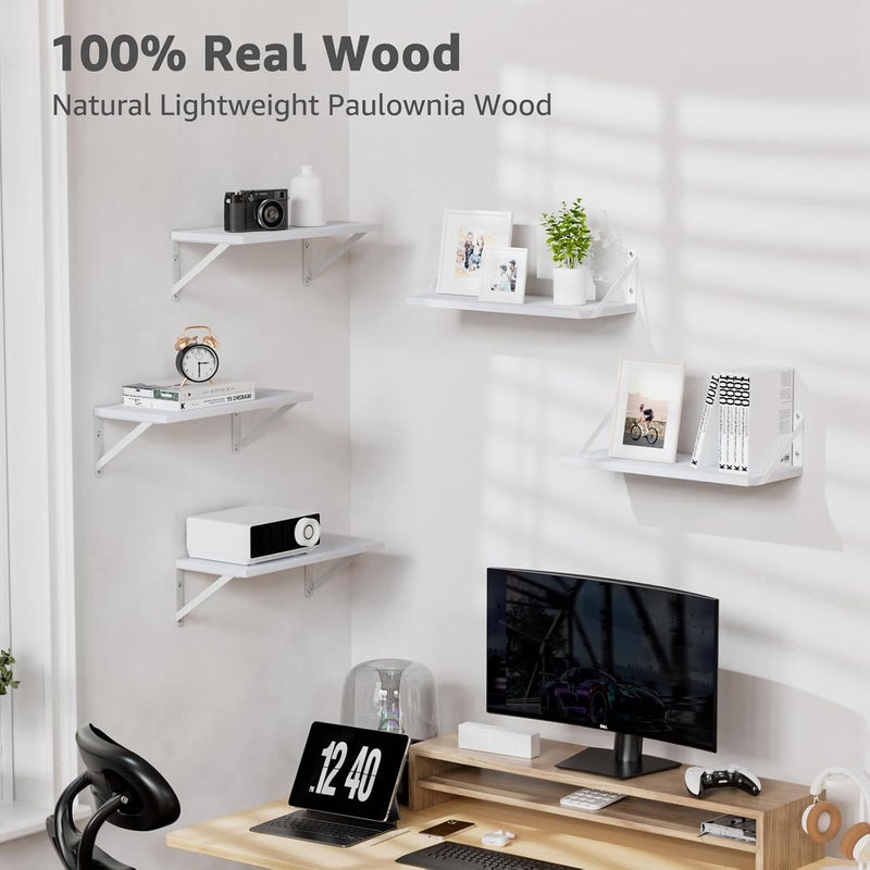 COCOYA Wall Shelves 7.3" Deep Set of 2, Solid Paulownia Wood Wider Longer Sturdy Easy to Install Wall Mounted Bookshelves Storage Shelves Bathroom Storage Office Laundry Room Bedroom Organizer White - Image 5